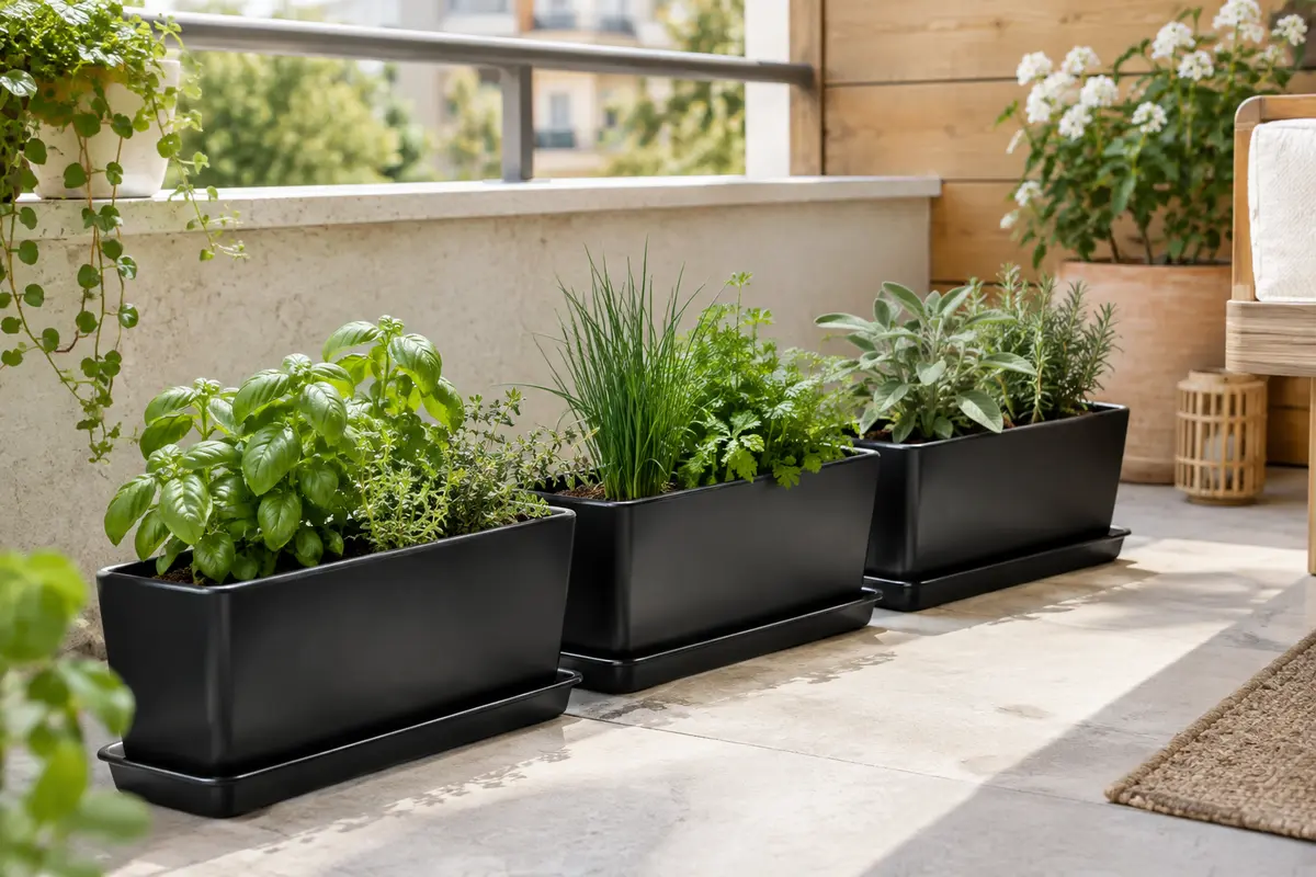 Trois jardinières rectangulaires noires avec soucoupes, garnies d’herbes aromatiques sur un balcon lumineux