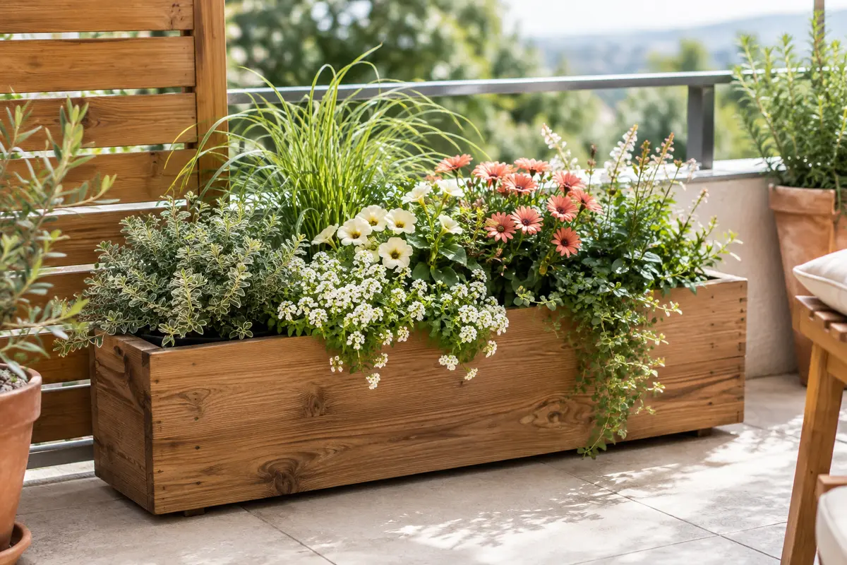 Jardinière rectangulaire en épicéa imprégné garnie de fleurs et de feuillages sur un balcon lumineux