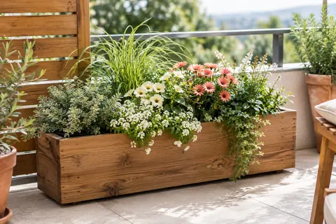 Jardinière rectangulaire en épicéa imprégné garnie de fleurs et de feuillages sur un balcon lumineux