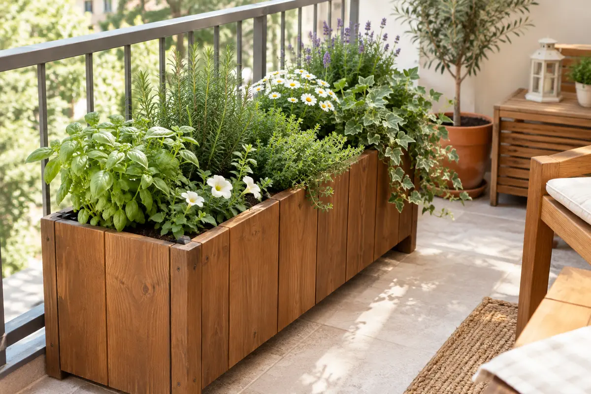 Jardinière rectangulaire en pin brun avec inserts amovibles, garnie de plantes sur un balcon lumineux.