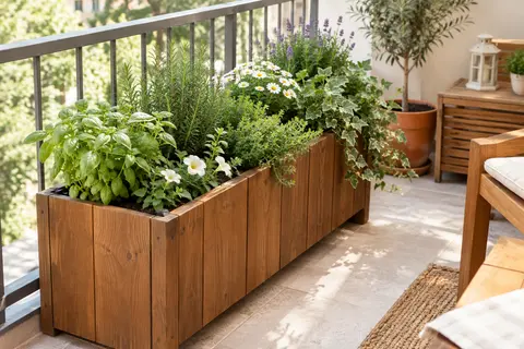Jardinière rectangulaire en pin brun avec inserts amovibles, garnie de plantes sur un balcon lumineux.