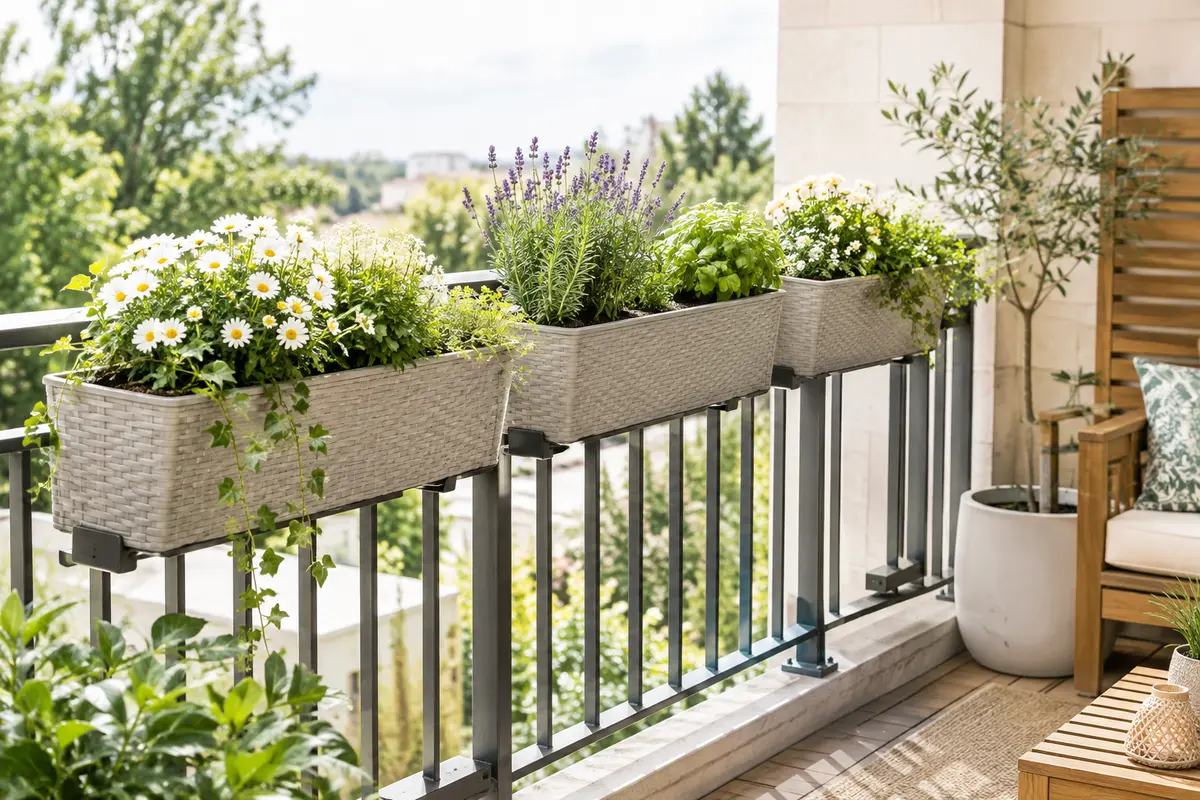 Trois jardinières rectangulaires gris clair fixées à une rambarde et garnies de fleurs et d’herbes aromatiques.
