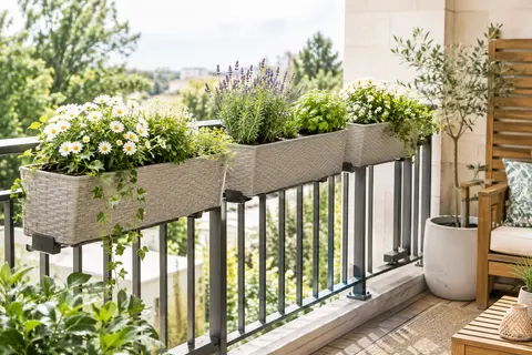 Trois jardinières rectangulaires gris clair fixées à une rambarde et garnies de fleurs et d’herbes aromatiques.