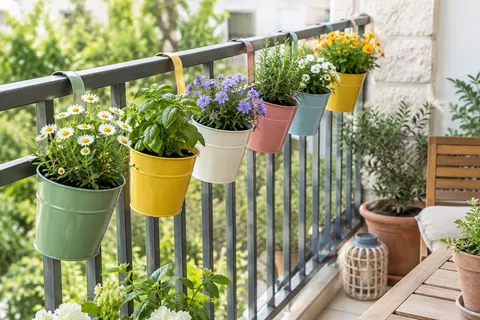 Dix petits pots suspendus en métal aux couleurs variées, garnis de fleurs sur une rambarde de balcon.