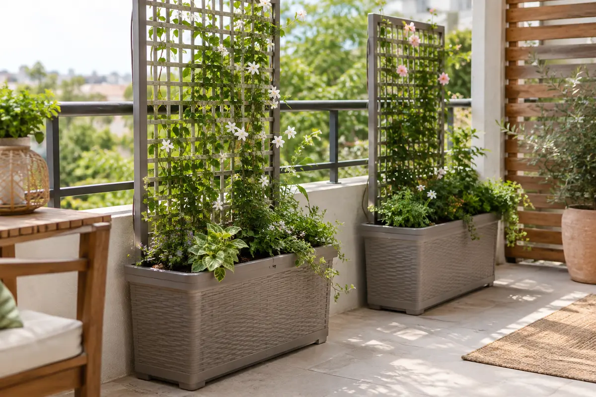 Deux jardinières taupe en plastique avec treillis, garnies de feuillages et de fleurs sur un balcon