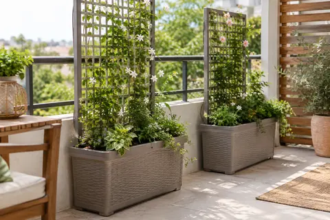Deux jardinières taupe en plastique avec treillis, garnies de feuillages et de fleurs sur un balcon