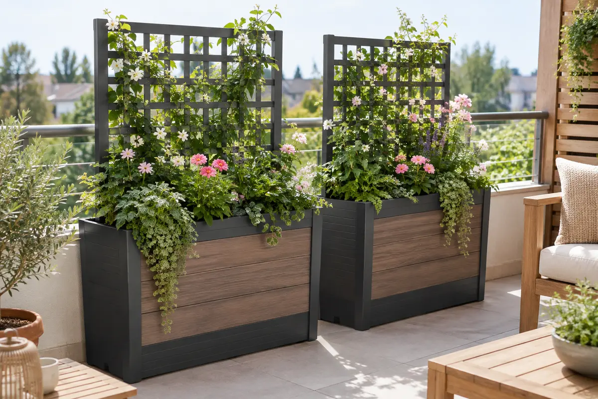 Deux jardinières anthracite avec treillis intégré, garnies de feuillages sur un balcon lumineux.