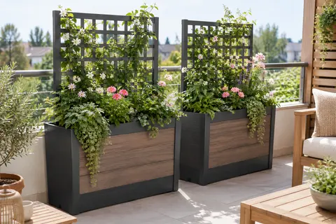 Deux jardinières anthracite avec treillis intégré, garnies de feuillages sur un balcon lumineux.
