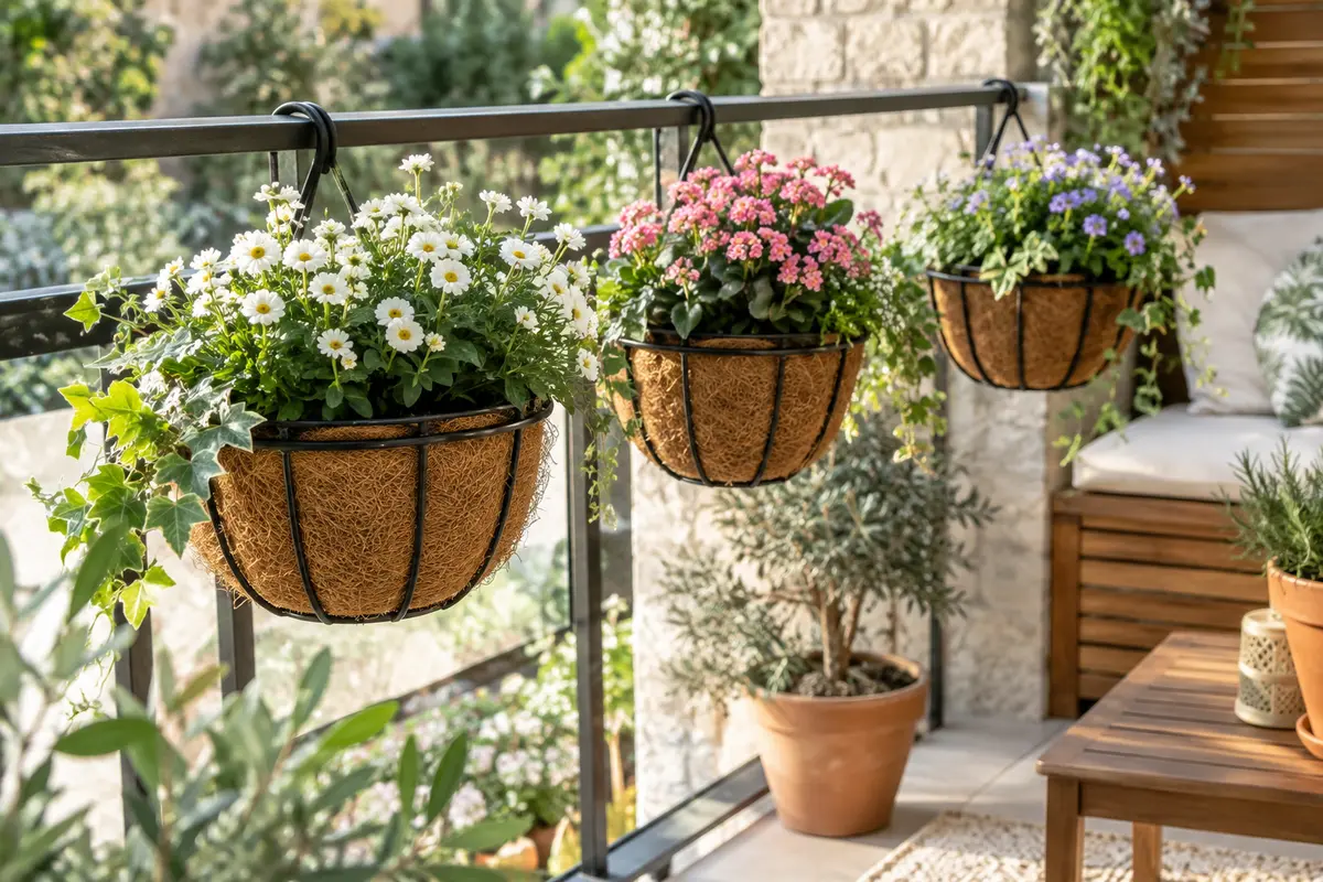 Paniers suspendus en métal noir avec doublures en fibre de coco et petites fleurs sur un balcon lumineux