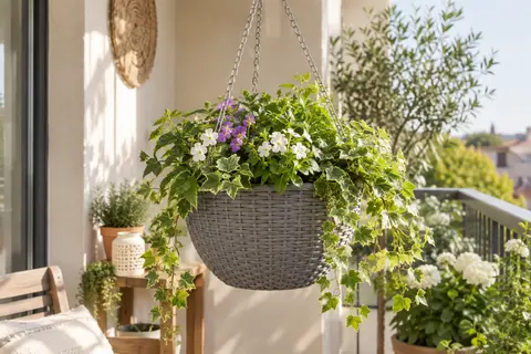 Jardinière suspendue grise en plastique imitation rotin, garnie de feuillage sur un balcon lumineux.