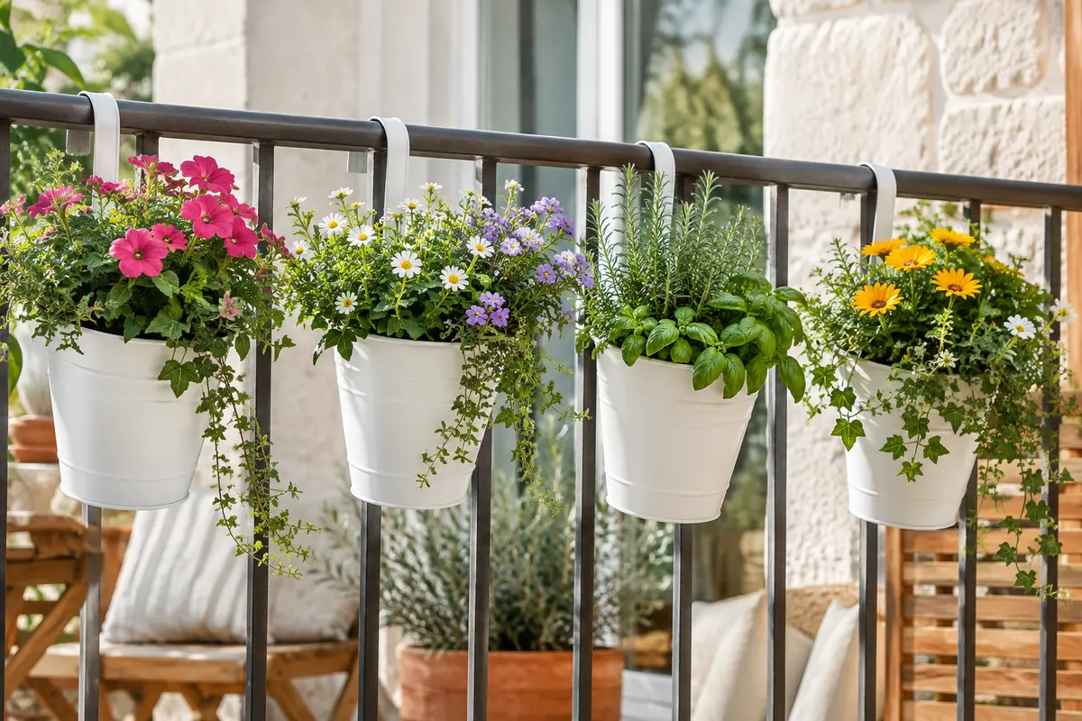 Quatre pots suspendus en métal blanc garnis de fleurs et d’aromatiques sur une rambarde de balcon