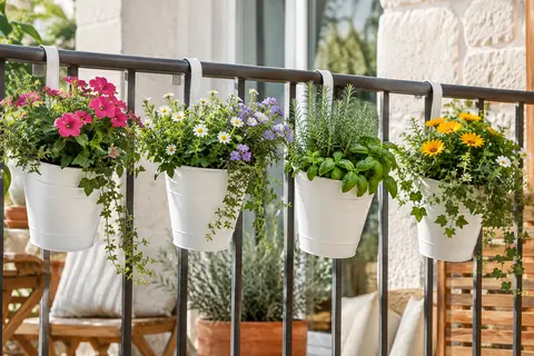 Quatre pots suspendus en métal blanc garnis de fleurs et d’aromatiques sur une rambarde de balcon