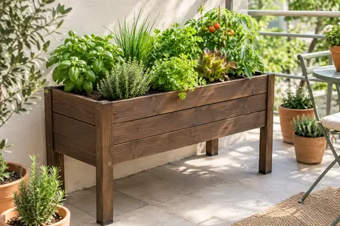 Jardinière potagère sur pieds en bois brun, garnie de terre et de jeunes plantes sur un balcon lumineux