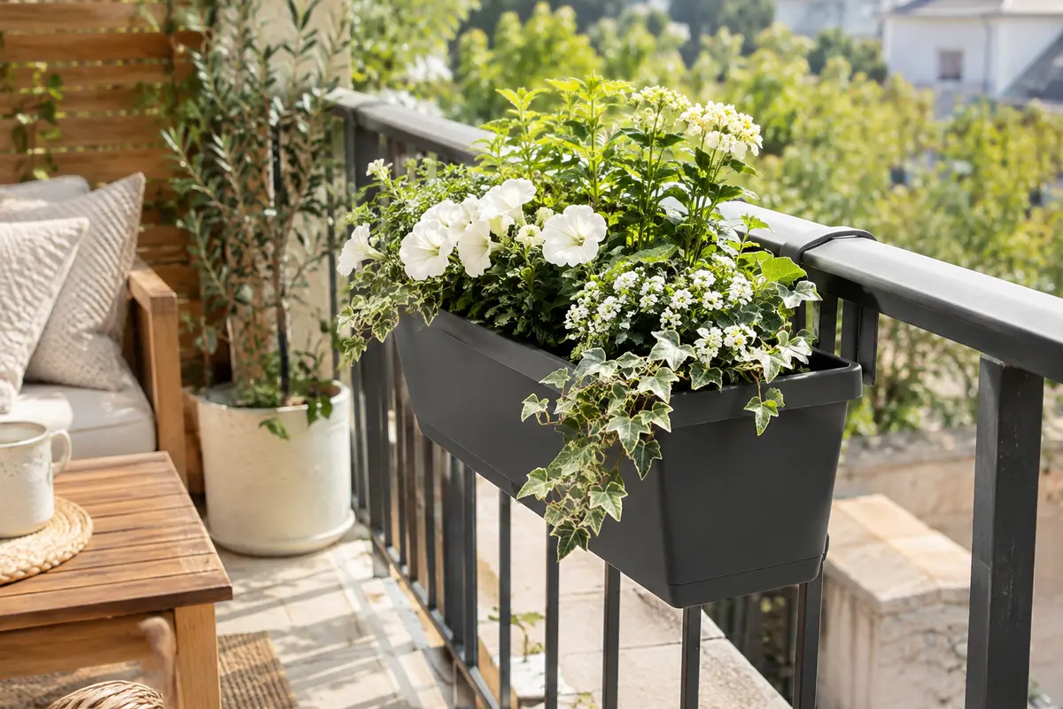 Jardinière Prosperplast anthracite suspendue à une rambarde de balcon et garnie de fleurs compactes.