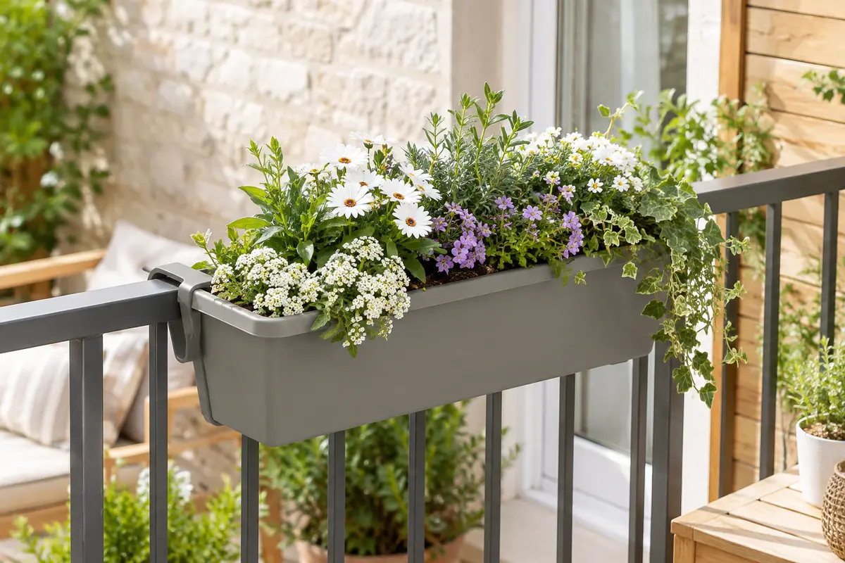 Jardinière Prosperplast gris pierre à crochets, garnie de fleurs et fixée sur une rambarde de balcon.