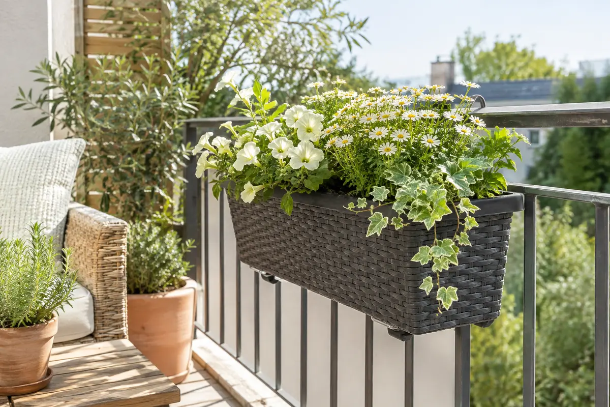 Jardinière de balcon anthracite à aspect rotin, suspendue à une rambarde et garnie de fleurs et de feuillages.
