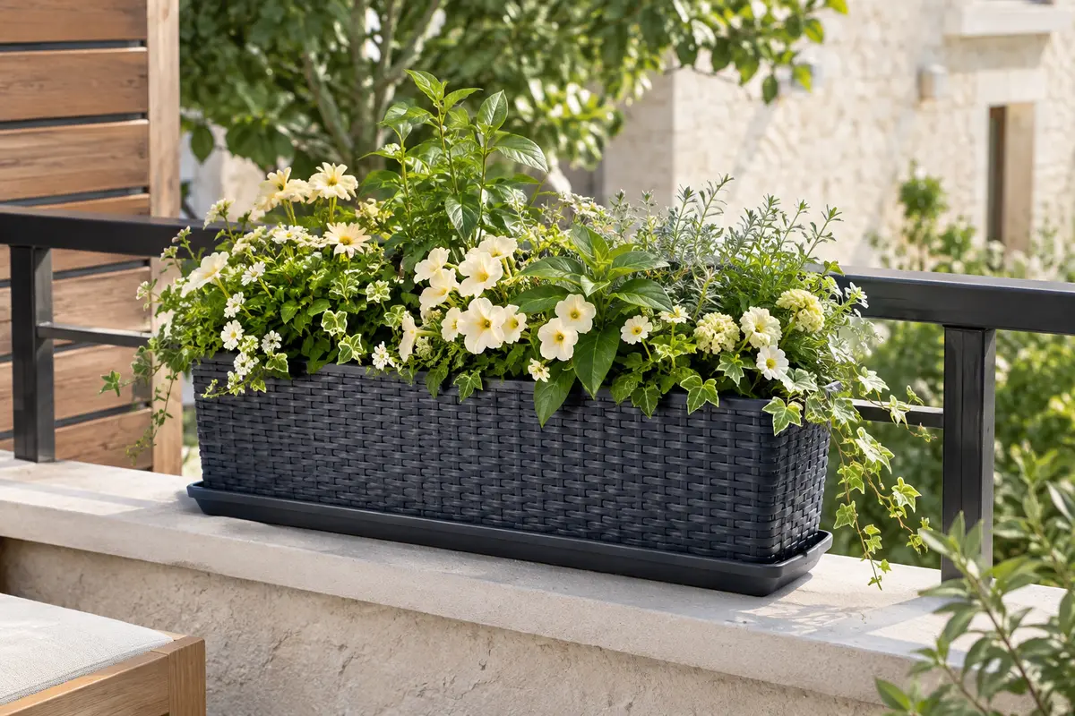 Jardinière anthracite de 90 cm à effet rotin, garnie de fleurs sur une rambarde de balcon.