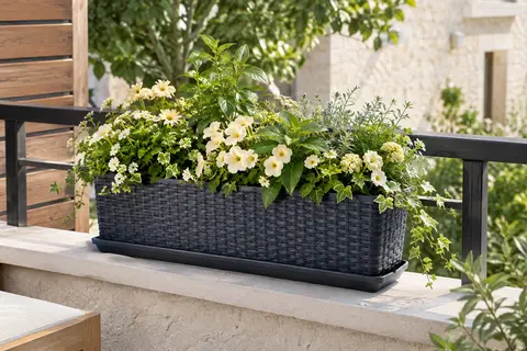 Jardinière anthracite de 90 cm à effet rotin, garnie de fleurs sur une rambarde de balcon.