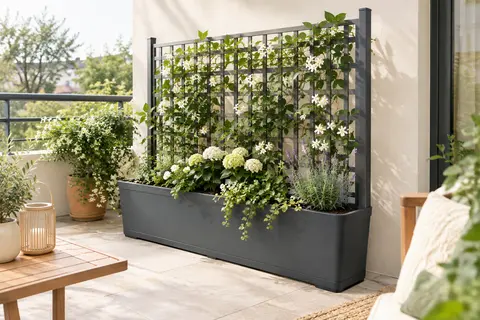 Jardinière rectangulaire gris graphite avec treillis, garnie de plantes sur un balcon lumineux