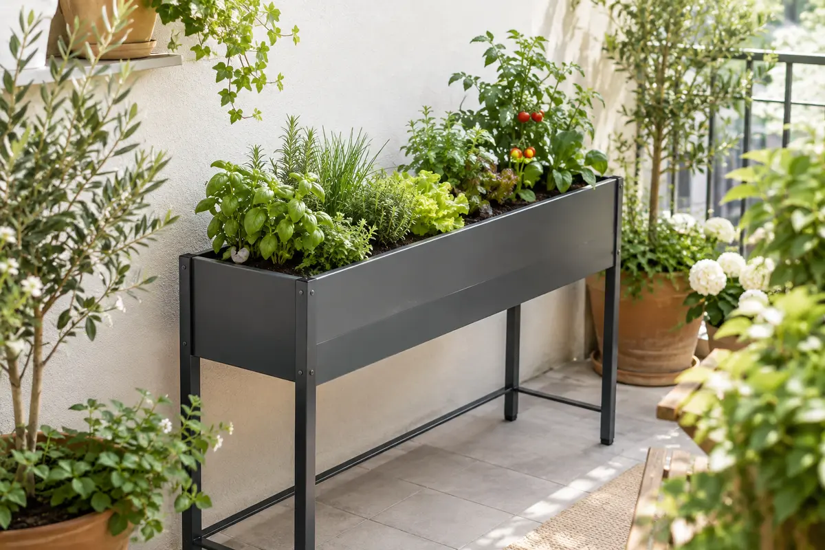 Carré potager sur pied en acier anthracite garni d’aromatiques sur un balcon lumineux.