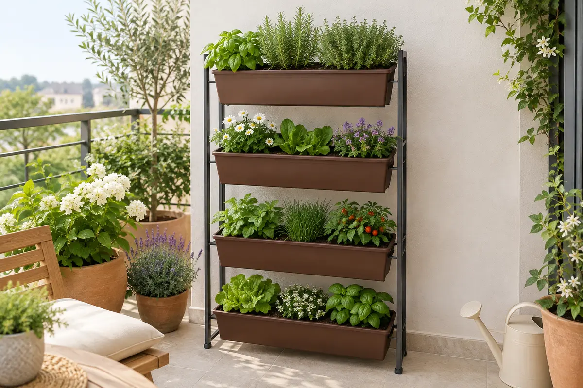 Jardinière verticale marron à quatre bacs garnis de plantes aromatiques et de fleurs sur un balcon.