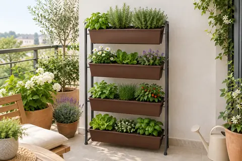 Jardinière verticale marron à quatre bacs garnis de plantes aromatiques et de fleurs sur un balcon.