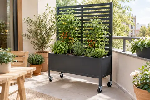 Carré potager en métal noir avec treillis à persiennes et roulettes, garni de plants sur un balcon lumineux.