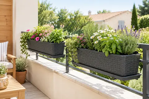 Deux jardinières anthracite effet rotin avec supports, garnies de fleurs et d’aromatiques sur un balcon