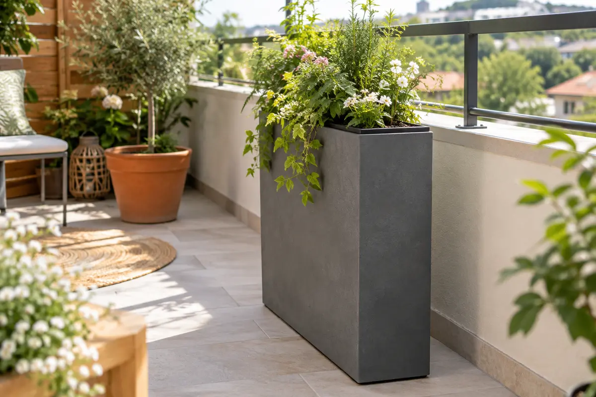 Jardinière haute rectangulaire anthracite garnie de feuillages et de fleurs sur un balcon lumineux.