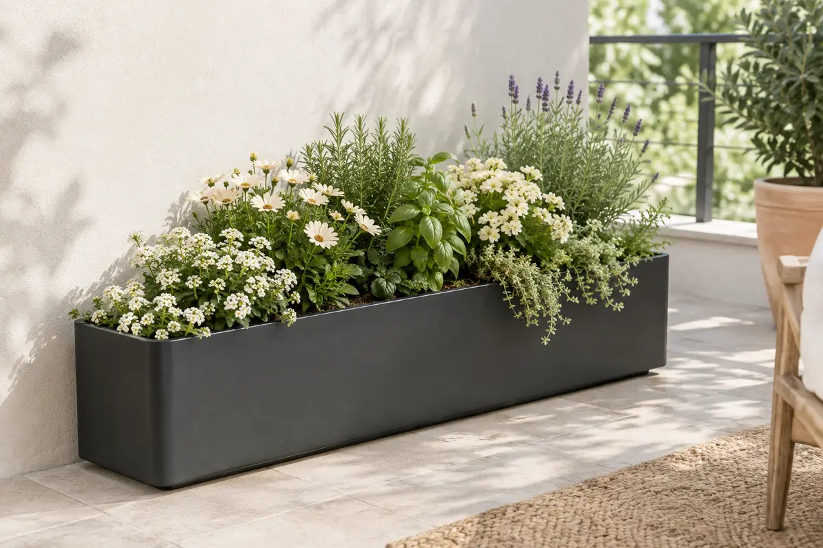 Jardinière rectangulaire anthracite en fibre de verre, garnie de fleurs et d’aromates sur un balcon lumineux