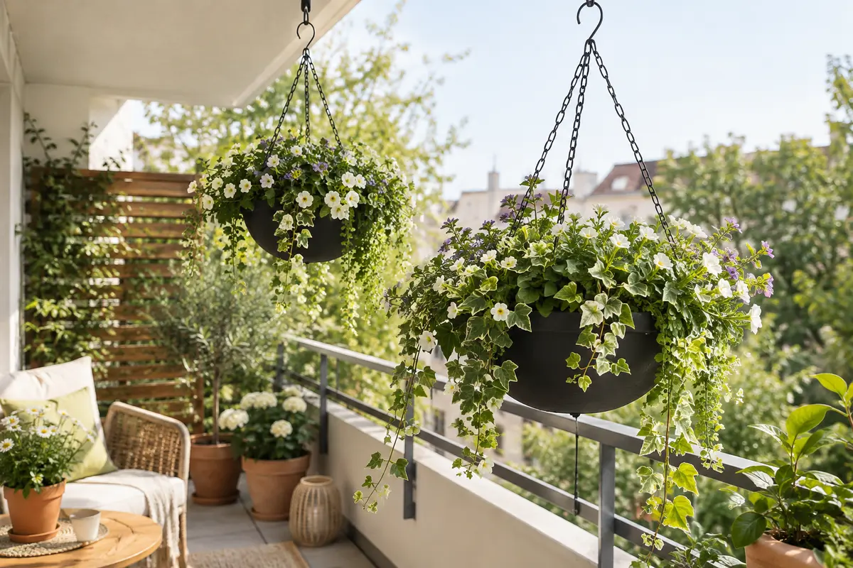 Deux jardinières suspendues noires garnies de plantes retombantes sur un balcon lumineux.