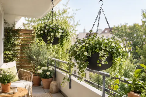 Deux jardinières suspendues noires garnies de plantes retombantes sur un balcon lumineux.