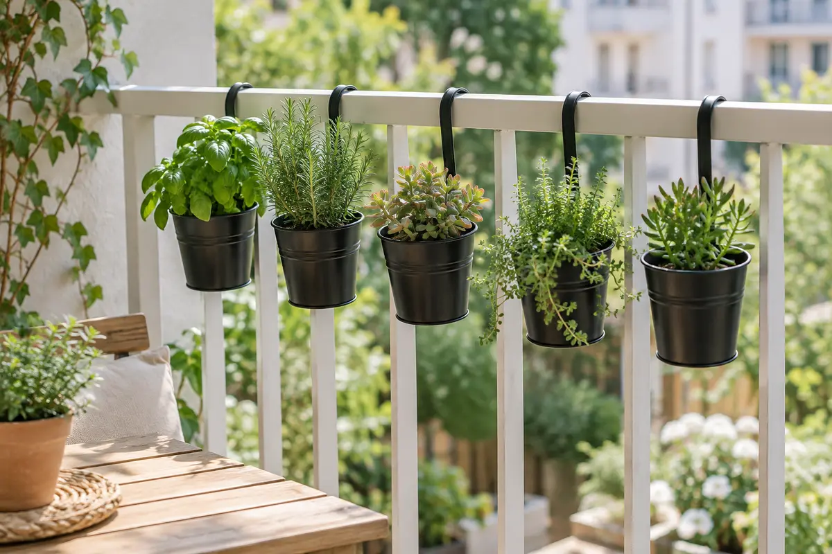 Cinq petits pots suspendus en métal noir avec des herbes et plantes grasses sur une rambarde de balcon