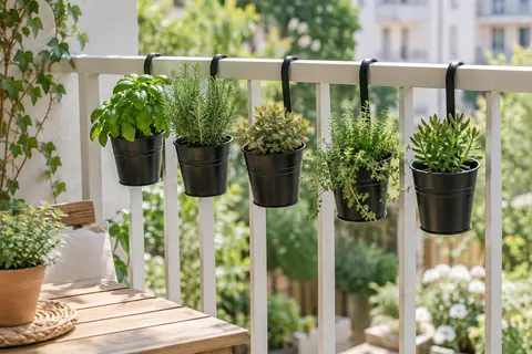 Cinq petits pots suspendus en métal noir avec des herbes et plantes grasses sur une rambarde de balcon