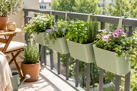 Quatre jardinières vert pâle à crochets suspendues à une rambarde de balcon, garnies de fleurs et de feuillages.