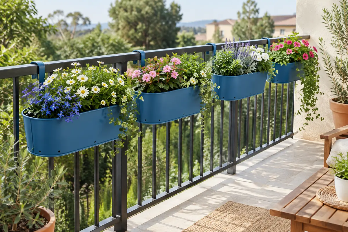 Quatre jardinières ovales bleues en fer suspendues à un garde-corps de balcon et garnies de fleurs.