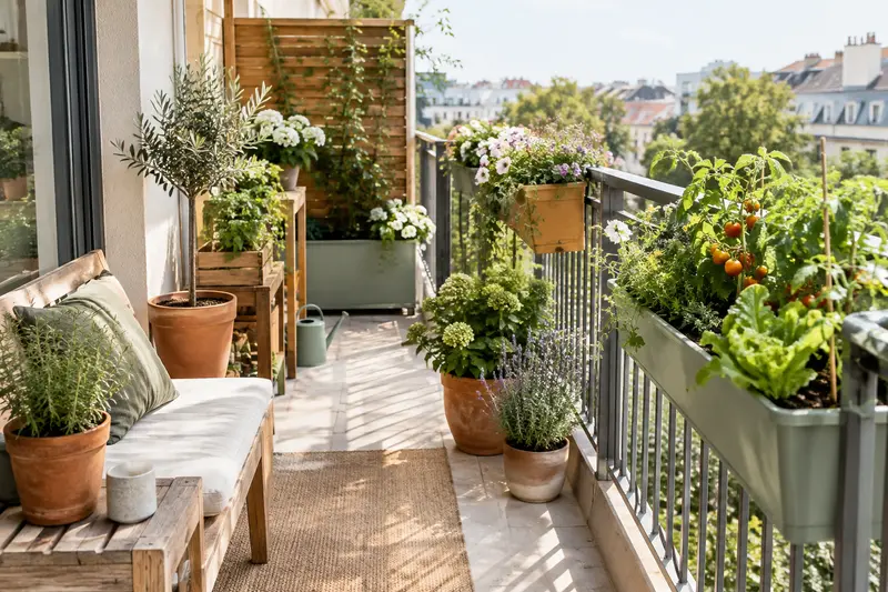 Jardinières de balcon garnies de végétaux, disposées pour illustrer les différentes possibilités d’aménagement.