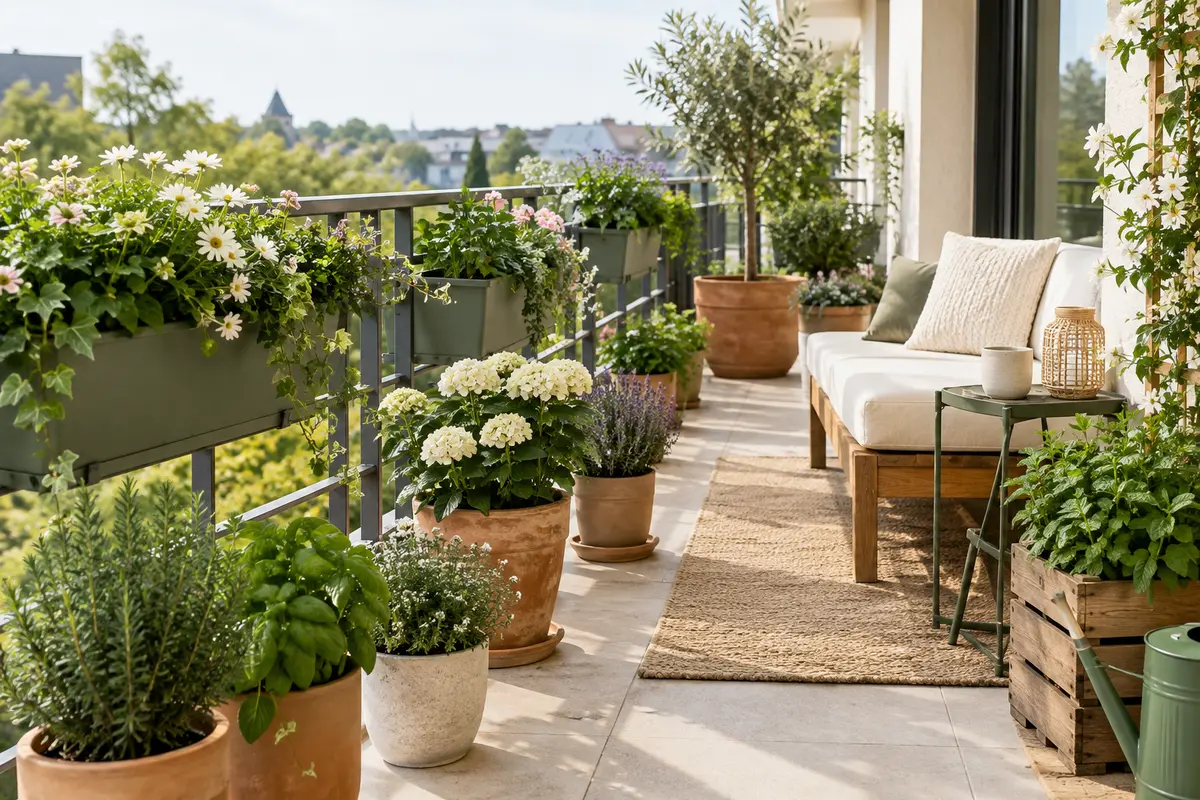 Jardinières fleuries et plantes aromatiques aménagées sur un balcon lumineux, avec des contenants variés.